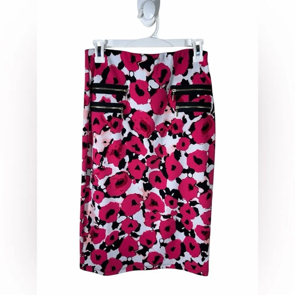 Grace Elements Hot Pink Floral Pencil Skirt with Black Zip Details